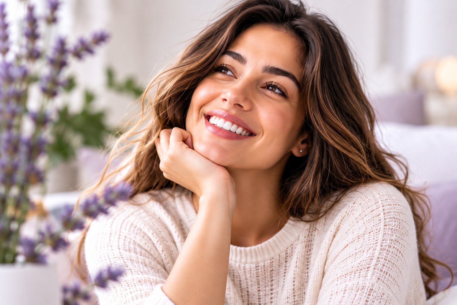 Mujer sonriendo con la mano apoyada en el mentón