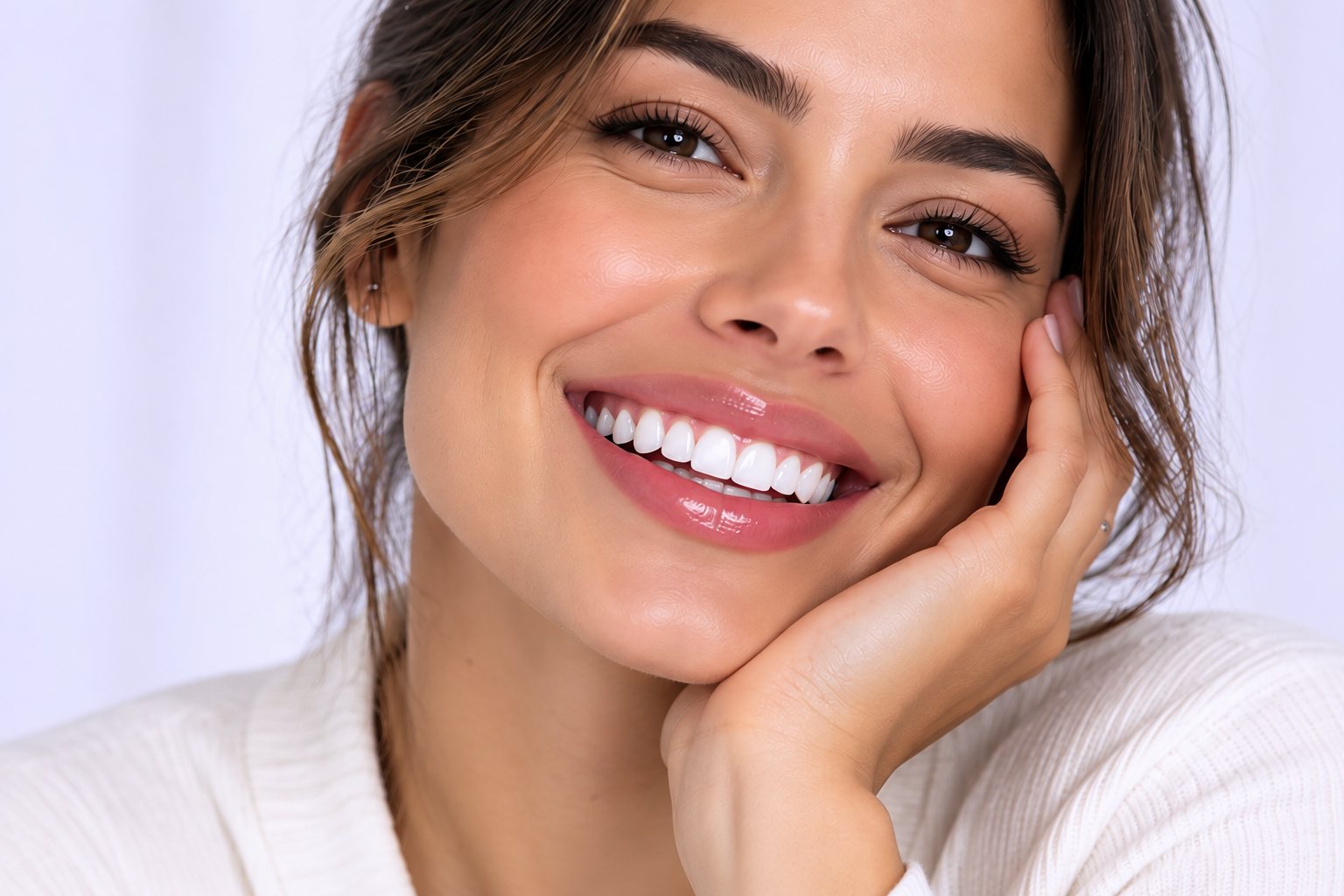 Mujer sonriendo con la mano apoyada en la mejilla